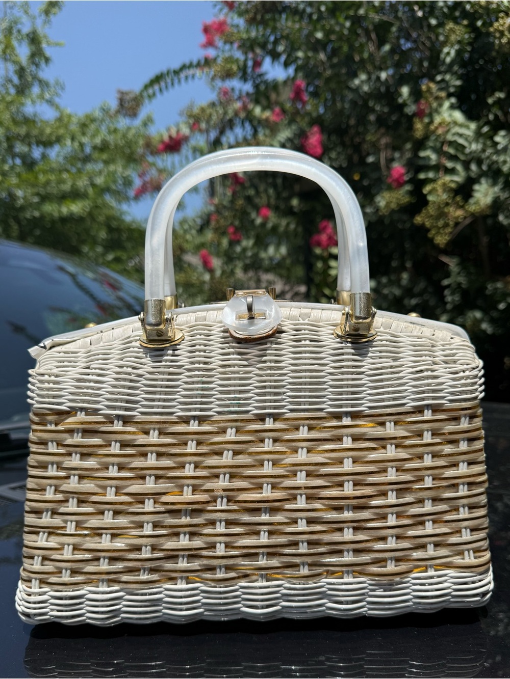 Vintage 1950s/60s Princess Charming by Atlas Lucite Wicker Handbag White Gold